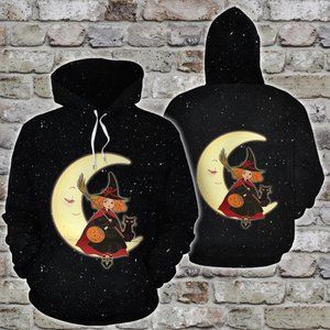 Little witch and back cat sitting on moon hoodie